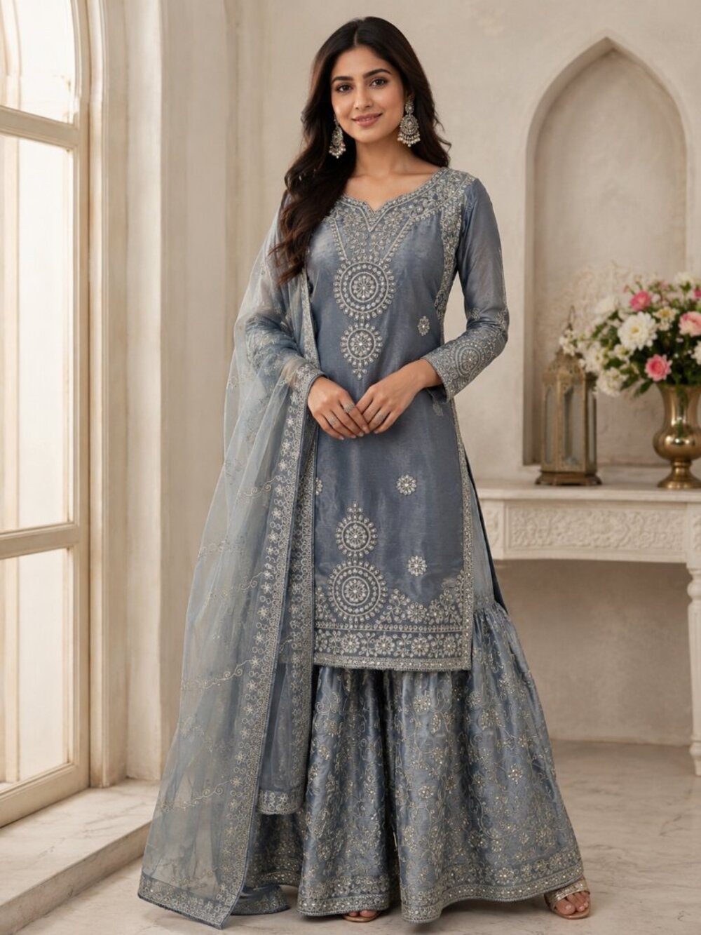 Elegant Dusty Blue Embroidered Salwar Suit with Palazzo Pants & Dupatta
